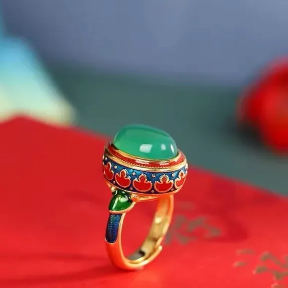 Enamel Ring with Green Stone in Oriental Style - Picture 5 of 10